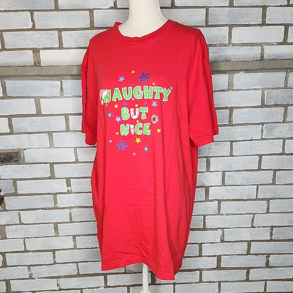 Yikes Women's Short Sleeve Red 'Naughty But Nice' Graphic Print Sleepshirt OS